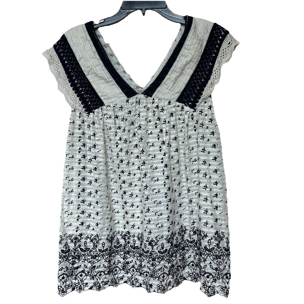 Lucky Brand Top XL Peasant Boho Western White Navy Embroidered Eyelet Lace